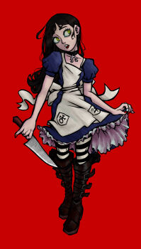 1girl alice:_madness_returns alice_liddell_(american_mcgee's_alice) american_mcgee's_alice apron artist_request black_hair boots commentary dress english_commentary full_body green_eyes highres holding holding_knife jewelry jupiter_symbol knife long_hair necklace omega_symbol pantyhose red_background solo striped_clothes striped_pantyhose uranus_symbol weapon