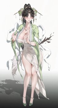 Rule 34 | 1girl, absurdres, black hair, blush, bracelet, breasts, chinese clothes, cleavage, dress, full body, gradient background, green footwear, hair ornament, hanfu, highres, jewelry, large breasts, long hair, looking at viewer, necklace, original, shadow, shan3143311380, solo, standing, white dress