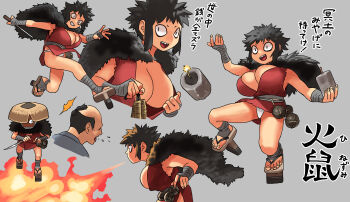 1boy 1girl bandaged_hand bandages black_cape black_hair bomb breasts breath_weapon breathing_fire cape cleavage commentary_request explosive fire fur_cape geta hat highres holding holding_bomb holding_knife huge_breasts japanese_clothes knife narisokonai open_mouth original panties reverse_cowgirl_position sharp_teeth short_hair shortstack sidelocks smile stirrup_footwear straddling straw_hat teeth tengu-geta translation_request underwear white_panties