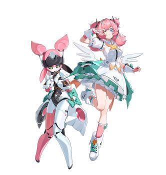 1girl angel_wings blue_eyes blush boots detached_collar detached_sleeves dress dual_persona fingerless_gloves full_body gloves green_eyes green_hair headgear headphones high_heel_boots high_heels highres humanoid_robot joints long_hair looking_at_viewer low_twintails mechanical_arms multicolored_hair official_art one_eye_closed open_mouth pink_gloves pink_hair pink_socks puffy_short_sleeves puffy_sleeves robot robot_girl robot_joints short_dress short_sleeves smile socks thighs transparent_background twintails v white_boots white_dress wings wrist_cuffs yutane_johiel zenless_zone_zero