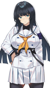 1girl absurdres armband azur_lane black_hair black_pantyhose blue_armband breasts buttons commentary_request cowboy_shot double-breasted green_eyes highres ikaruga_(senran_kagura) kimi_tsuru large_breasts long_hair long_sleeves miniskirt neckerchief official_alternate_costume pantyhose pleated_skirt sailor_collar school_uniform senran_kagura skirt solo white_sailor_collar white_skirt yellow_neckerchief