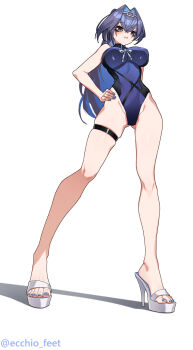 Rule 34 | 1girl, absurdres, artist name, black one-piece swimsuit, blue hair, blue nails, blue one-piece swimsuit, blush, breasts, colored inner hair, covered navel, crossed bangs, ecchi-o, eyelashes, feet, full body, gluteal fold, grey eyes, hand on own hip, high heel sandals, high heels, highleg, highleg one-piece swimsuit, highres, hololive, hololive english, impossible clothes, impossible swimsuit, large breasts, legs, long hair, long legs, looking at viewer, multicolored hair, nail polish, one-piece swimsuit, ouro kronii, ouro kronii (holonatsu paradise), paid reward available, purple hair, sandals, shadow, simple background, skindentation, solo, stiletto heels, swimsuit, thigh strap, toenail polish, toenails, toes, twitter username, very long hair, virtual youtuber, white background, white sandals