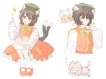 2girls :o absurdres animal_ear_fluff animal_ear_piercing animal_ears bakeneko blonde_hair bow bowtie brown_hair cat_ears cat_girl cat_tail chen chibi chinese_commentary clenched_hand closed_mouth collared_vest commentary_request confused cropped_torso ear_covers fox_ears frilled_headwear frilled_skirt frills full_body green_hat happy hat hat_tassel head_only highres hugging_own_legs knees_up long_sleeves loose_socks lying mary_janes medium_skirt miaoliang01075 mob_cap multiple_girls multiple_tails multiple_views ofuda ofuda_on_clothes on_side parted_lips partially_colored pleated_skirt puffy_long_sleeves puffy_sleeves red_eyes red_shoes red_skirt red_vest shirt shoes short_hair simple_background sitting skirt sleeping sleeves_past_wrists socks sparkle tail touhou two_tails vest white_background white_hat white_shirt white_socks yakumo_ran yellow_bow yellow_bowtie yellow_eyes