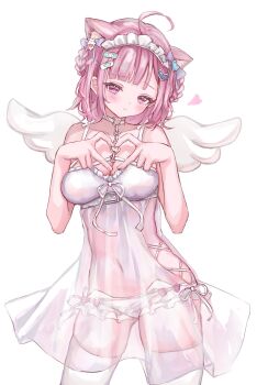 Rule 34 | 1girl, ahoge, angel wings, animal ears, bandaid, bandaid hair ornament, bloomers, bow, braid, braided hair rings, breasts, cat ears, cat girl, choker, closed mouth, collarbone, commentary request, extra ears, fingernails, hair bow, hair ornament, hair rings, heart, heart choker, heart hair ornament, heart hands, heart o-ring, highres, huge breasts, indie virtual youtuber, large breasts, looking at viewer, maid headdress, medium hair, navel, nightgown, o-ring, o-ring choker, pink bow, pink eyes, pink hair, purple bow, see-through clothes, see-through nightgown, simple background, solo, stomach, teruteruteru190, thighhighs, thighs, underwear, virtual youtuber, white background, white bloomers, white choker, white nightgown, white thighhighs, white wings, wings, yuuki sakuna