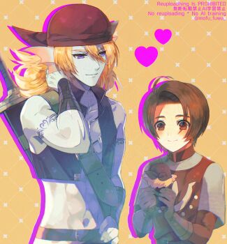 2boys aqua_skin arm_guards arm_tattoo armor bandana belt blonde_hair brown_belt brown_eyes brown_gloves brown_hair chainmail character_doll colored_skin commentary_request couple doll dragon_quest dragon_quest_x fins fish_boy gloves hand_on_own_hip head_fins height_difference hero_(dq10) holding holding_doll hyuuza_(dq10) jewelry korori_(mofu_mofu) long_hair looking_at_another looking_at_object looking_to_the_side male_focus midriff monster_boy multiple_boys muscular muscular_male navel necklace pants purple_eyes purple_vest red_bandana red_surcoat short_hair side_part smile surcoat sword sword_on_back tattoo tooth_necklace vest weapon weapon_on_back white_pants yaoi yellow_background