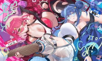 2girls blue-tinted_eyewear blue-tinted_glasses blue_hair breasts double_bun duel_monster evil_twin_ki-sikil evil_twin_lil-la hair_bun highres ki-sikil_(yu-gi-oh!) large_breasts lil-la_(yu-gi-oh!) looking_over_eyewear looking_over_glasses medium_hair multiple_girls pink-tinted_eyewear pink-tinted_glasses pink_hair sunglasses tinted_eyewear tongue tongue_out xiujia_yihuizi yu-gi-oh!