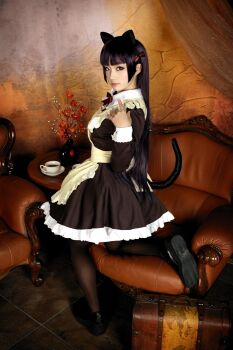 1girl alternate_costume animal_ears black_hair cat_ears cat_tail cosplay cosplay_photo enmaided female_focus gokou_ruri goth_fashion k_miyuko korean_text lolita_fashion long_hair maid mole mole_under_eye ore_no_imouto_ga_konna_ni_kawaii_wake_ga_nai photo_(medium) red_eyes reference_work solo tail