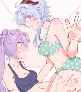 2girls against_fourth_wall aqua_bra aqua_panties bare_arms black_sports_bra blue_hair blush bra commentary cone_hair_bun english_commentary ganyu_(genshin_impact) genshin_impact hair_bun hand_on_another&#039;s_thigh highres horns keqing_(genshin_impact) multiple_girls navel open_mouth panties pink_background polka_dot polka_dot_bra polka_dot_panties purple_eyes shio6754 sitting sitting_on_lap sitting_on_person sports_bra stuck_in_a_box sweatdrop twintails underwear white_background yuri