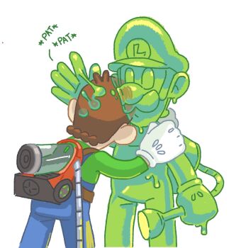 2boys blue_overalls brown_hair colored_skin denim facial_hair gloves gooigi green_shirt green_skin headpat highres luigi luigi&#039;s_mansion luigi&#039;s_mansion_3 male_focus mario_(series) monster_boy multiple_boys mustache nintendo overalls shirt simple_background slime_boy weegeemeister white_background white_gloves