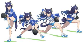 Rule 34 | 1girl, animal ears, ball, baseball, baseball (object), baseball glove, blue eyes, blue hair, blue shorts, blush, breasts, closed mouth, ear covers, ear ornament, hair between eyes, highres, horse ears, horse girl, horse tail, jacket, long hair, medium breasts, mole, mole under eye, multicolored hair, nishiki kazue, parted lips, pitching, shirt, shoes, shorts, single ear cover, socks, standing, standing on one leg, tail, throwing, umamusume, verxina (umamusume), white shirt, white socks