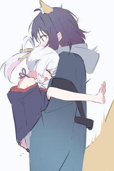 Rule 34 | 2girls, absurdres, animal ears, bare shoulders, black hair, blue kimono, blush, chibi yachiyo, cho kaguya-hime!, closed eyes, commentary request, fox ears, grabbing another's ass, groping, hair ornament, hair rings, hair stick, highres, japanese clothes, kimono, korean commentary, lifting person, long hair, mmhomm, multiple girls, open mouth, runami yachiyo, sakayori iroha, smile, twintails, white background, white hair, yuri