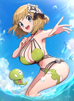 1girl absurdres alternate_costume bikini black_ribbon blonde_hair breasts cloud day eyelashes front-tie_bikini_top front-tie_top gen_6_pokemon gonzarez green_bikini grey_eyes hair_ornament hair_ribbon highres large_breasts legendary_pokemon looking_at_viewer nintendo ocean open_mouth outdoors pokemon pokemon_masters_ex ribbon serena_(pokemon) short_hair side-tie_bikini_bottom sky smile solo stomach string_bikini swimsuit water zygarde zygarde_core