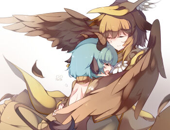 Rule 34 | 2girls, absurdres, animal ears, aqua hair, artist name, back, back cutout, backless outfit, bare back, bird wings, black souls, black souls 2, brown feathers, brown horns, brown sweater, brown tail, brown wings, chinese commentary, closed mouth, clothing cutout, cow ears, cow girl, cow horns, cow tail, crying, ear tag, feathered wings, feathers, furrowed brow, gradient background, griffy (black souls), hair between eyes, highres, horns, hug, light brown hair, mock turtle (black souls), multiple girls, open mouth, pupa jiang, short hair, sideways mouth, smile, split mouth, sweater, tail, tears, turtleneck, turtleneck sweater, wings