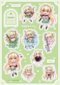 black_capelet blonde_hair blush bow_(weapon) braid breasts breasts_out capelet chibi cleavage crown_braid dress elf garter_straps green_skirt heart heart-shaped_pupils holding holding_bow_(weapon) holding_weapon large_breasts long_hair miniskirt ninoko nipples original pitcher_plant plant playboy_bunny pointy_ears pole pole_dancing school_uniform skirt slime_(creature) sticker_(medium) stripper stripper_pole sylpha_(ninoko) symbol-shaped_pupils tentacles thighhighs veil vore weapon white_dress white_thighhighs yellow_eyes