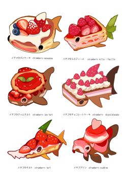 animal-themed_food blueberry commentary english_commentary food food_name fruit fruit_tart highres jam mille-feuille okashitofushigi original pancake pudding simple_background strawberry strawberry_slice strawberry_tart tart_(food) whipped_cream white_background