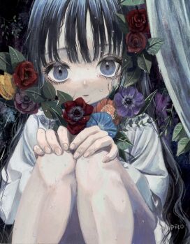 1girl black_hair blue_eyes blue_flower commentary_request expressionless eyelashes flower hands_on_own_knees highres long_hair long_sleeves looking_at_viewer monou_pico original purple_flower red_flower solo wet wet_hair yellow_flower
