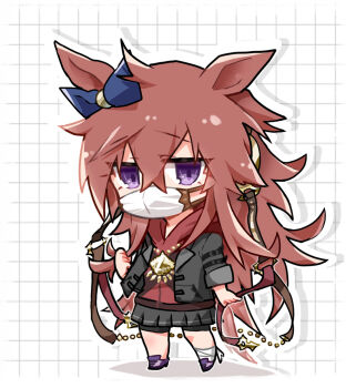 1girl animal_ears bandaged_leg bandages beer_hsk bike_shorts black_shorts blue_bow bow brown_hair chibi commentary_request drop_shadow ear_bow full_body grey_jacket grey_skirt grid_background hair_between_eyes highres hood hood_down hoodie horse_ears horse_girl horse_tail jacket long_hair mask mouth_mask open_clothes open_jacket orfevre_(old_design)_(umamusume) pleated_skirt purple_eyes purple_shoes red_hoodie shoes shorts shorts_under_skirt skirt solo standing tail umamusume very_long_hair