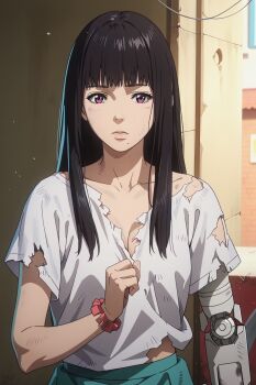 1girl blue_hair blush breasts brown_background female_focus full_body highres long_hair looking_at_viewer misaki_(terminator_zero) pink_eyes shirt terminator_(series) terminator_zero white_shirt