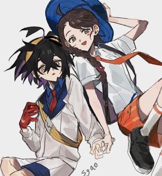 1boy 1girl blue_hat blueberry_academy_school_uniform braid brown_hair crossed_bangs gloves hair_ornament hairband hairpin hand_on_headwear hat highres holding_hands jacket juliana_(pokemon) kieran_(pokemon) naranja_academy_school_uniform necktie nintendo orange_necktie orange_shorts pokemon pokemon_sv pokesol_1083 red_gloves school_uniform shorts single_glove white_background white_jacket white_shorts yellow_bag yellow_hairband