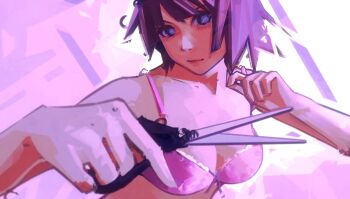 1girl bakemonogatari blue_eyes bob_cut bra breasts cleavage commentary cutting_hair cutting_own_hair english_commentary holding holding_scissors large_breasts monogatari_(series) moshimoshibe pink_background pink_bra purple_background purple_hair scissors senjougahara_hitagi short_hair underwear underwear_only white_background