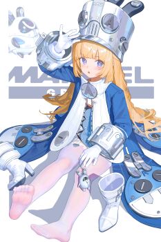 +_+ 1girl absurdres adjusting_clothes adjusting_headwear blonde_hair blue_jacket charm_(object) commentary feet gloves grey_hat hat highres jacket large_hat lawsky long_hair looking_at_viewer norma_hollowell open_mouth purple_eyes shoes sitting soles solo thighhighs toes unworn_shoes very_long_hair white_background white_gloves white_shoes white_thighhighs zenless_zone_zero