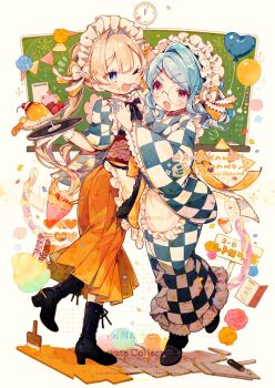 2girls :o ;d amakawa_tamawo apron balloon black_boots blonde_hair blue_eyes blue_hair blue_kimono blush boots checkered_clothes checkered_kimono commentary_request commission food frilled_apron frilled_sleeves frills fruit full_body heart_balloon highres holding holding_tray japanese_clothes kimono lace-up_boots long_hair long_sleeves maid_headdress multiple_girls obi one_eye_closed open_mouth original pink_eyes pudding red_sash sash short_hair skeb_commission smile standing strawberry tray watermark white_apron wide_sleeves