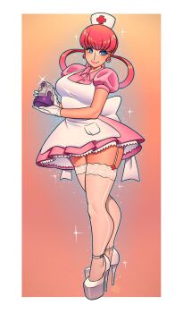 1girl apron blue_eyes breasts collared_dress dated dress garter_straps gloves high_heels highres image_sample joy_(pokemon) nintendo nurse pink_gloves pink_hair platform_footwear poke_ball poke_ball_(basic) poke_ball_earrings pokemon pokemon_(anime) pokemon_(classic_anime) potion ravenousruss skirt smile solo sparkle twitter_sample