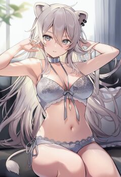 1girl animal_ears aria_(ariacue) armpits arms_up bare_arms bare_shoulders bow bow_bra bra breasts choker cleavage commentary couch cowlick grey_eyes grey_hair highres hololive indoors lace lace-trimmed_bra lace-trimmed_panties lace_trim large_breasts lion_ears lion_girl lion_tail long_hair looking_at_viewer navel on_couch panties parted_lips pillow shishiro_botan side-tie_panties sitting solo stomach string_bra tail underwear underwear_only very_long_hair virtual_youtuber white_bra white_choker white_panties
