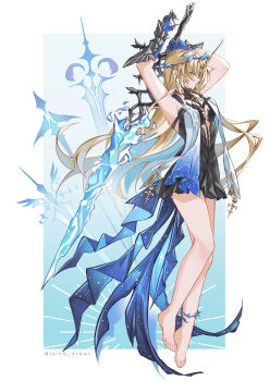 1girl absurdres alternate_breast_size armpits arms_up bare_legs barefoot black_dress blonde_hair blue_eyes blue_hair border breast_curtains breasts closed_mouth colored_inner_hair commentary crown_of_thorns dress feet fleurdelys_(wuthering_waves) full_body gauntlets hand_to_weapon highres holding holding_behind_back holding_sword holding_sword_behind_back holding_weapon holding_weapon_behind_back horns legs long_hair looking_ahead medium_breasts multicolored_hair pointy_ears reika_(reikadraws) sidelocks single_horn solo sword toes twitter_username very_long_hair weapon weapon_background white_border wuthering_waves yellow_horns