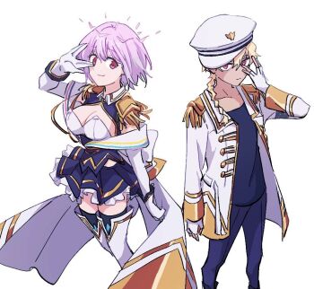 Rule 34 | 1boy, 1girl, blonde hair, blue eyes, boots, braid, breasts, cleavage, dark-skinned male, dark skin, epaulettes, frilled skirt, frills, gloves, gridman universe, gridman universe (movie), hat, himagosan, large breasts, long sleeves, looking at viewer, pants, purple hair, purple skirt, red eyes, shinjou akane, shinjou akane (new order), shirt, short hair, sizumu, skirt, smile, ssss.dynazenon, t-shirt, thighhighs, white footwear, white gloves, white headwear