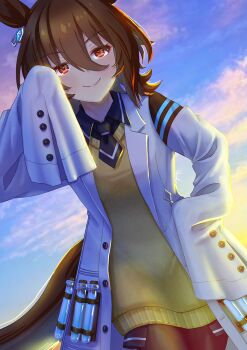 1girl agnes_tachyon_(tach-nology)_(umamusume) agnes_tachyon_(umamusume) animal_ears black_necktie black_pantyhose blue_sky blush breasts brown_hair chemical_structure closed_mouth cloud coat commentary_request cork earrings hair_between_eyes horse_ears horse_girl horse_tail jewelry lab_coat long_sleeves looking_at_viewer medium_hair necktie otono_(bkt4b) pantyhose red_eyes shirt short_necktie single_earring sky sleeves_past_fingers sleeves_past_wrists smile solo sweater sweater_vest tail test_tube umamusume white_coat wolf_cut yellow_sweater yellow_sweater_vest