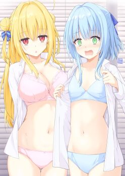 Rule 34 | 2girls, :o, @ @, arms at sides, blonde hair, blue bow, blue bra, blue hair, blue panties, bow, bow bra, bow panties, bra, breasts, cleavage, commentary request, cowboy shot, double bun, dress, embarrassed, green eyes, hair bow, hair bun, hamidashi creative, highres, indoors, izumi hiyori, jitome, large breasts, long hair, long sleeves, looking at viewer, multiple girls, navel, nishiki asumi, no pants, open clothes, open mouth, open shirt, panties, pink bra, pink panties, shirt, short hair with long locks, small breasts, standing, stomach, striped bow, tsue (surutsue), unamused, underwear, undressing, white shirt, window blinds, wispy bangs