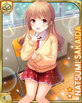 1girl :o breasts brown_hair card_(medium) character_name classroom day female_focus girlfriend_(kari) hair_ornament indoors large_breasts long_hair long_sleeves looking_at_viewer necktie official_art open_mouth pink_scrunchie plaid_clothes plaid_skirt qp:flapper red_eyes red_necktie red_skirt sakaida_natsumi school school_uniform scrunchie shirt shirt_tucked_in sitting skirt solo sparkle sunlight sweater white_shirt window wooden_floor yellow_sweater