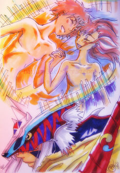 Rule 34 | 1boy, 1girl, 2000s (style), 2008, absurdres, biomerge, breasts, brown hair, completely nude, convenient censoring, couple, digimon, digimon (creature), digimon tamers, energy, floating hair, fusion, highres, long hair, makino ruki, matrix evolution, matsuda takato, nude, original, short hair, small breasts, transformation