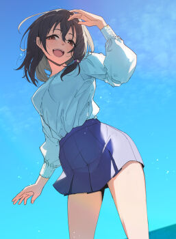 1girl blue_sky brown_eyes commentary_request fujiwara_hajime idolmaster idolmaster_cinderella_girls kawaty looking_at_viewer medium_hair open_mouth skirt sky smile solo wind