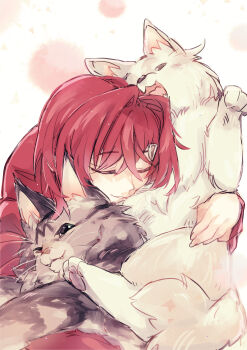 Rule 34 | 1girl, absurdres, ange katrina, ange katrina (1st costume), animal, animal hug, blush, cat, closed eyes, commentary request, crossed bangs, dog, dometan0 0, grey cat, hair between eyes, hair intakes, hair ornament, highres, nijisanji, red hair, smile, solo, virtual youtuber, white background, white dog