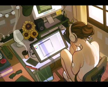 1girl autoinjector black_panties book brown_hair camisole chair commentary cup disposable_coffee_cup disposable_cup double_facepalm drawing_tablet english_commentary facepalm flower gluca hair_bun headphones highres infusion_set lamp letterboxed monitor office_chair original panties single_hair_bun sitting socks solo speaker sticky_note sunflower sunglasses swivel_chair underwear unworn_eyewear white_camisole white_socks wireless_headphones