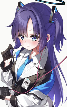 1girl absurdres black_gloves blue_archive blue_necktie blush cellphone closed_mouth collared_shirt earphones formal_clothes gloves grey_background hair_between_eyes hair_ornament half_gloves halo headgear highres holding holding_phone id_card jacket long_hair long_sleeves mechanical_halo necktie phone purple_hair shared_earphones shirt simple_background skirt skirt_suit smartphone suit timtim_(tim99292) triangle_hair_ornament two_side_up very_long_hair white_jacket white_shirt yuuka_(blue_archive)