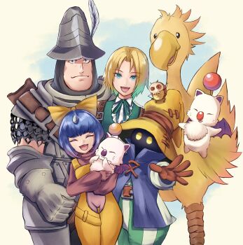 1girl 3boys adelbert_steiner aqua_eyes armor bird black_mage_(final_fantasy) blonde_hair blue_coat blue_hair bodysuit bow brown_gloves chainmail chocobo closed_eyes closed_mouth coat cocoro_oq collared_shirt cowboy_shot creature eiko_carol feet_out_of_frame final_fantasy final_fantasy_ix gloves green_vest grey_gloves hair_bow hat hat_feather helmet highres holding holding_creature horns moogle multiple_boys neck_ribbon open_mouth outstretched_hand overalls pants parted_bangs pink_bodysuit red_sweater ribbon shirt short_hair shoulder_belt single_horn smile standing striped_clothes striped_pants sweater vest vivi_ornitier white_shirt wizard_hat yellow_bow yellow_eyes yellow_overalls zidane_tribal