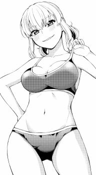 1girl absurdres bikini blush breasts choppy_bangs cleavage collarbone commentary_request cowboy_shot dithering fingernails greyscale hand_on_own_hip hand_up highres large_breasts looking_at_viewer medium_hair monochrome naughty_face navel orange_lili original parted_lips smile solo standing stomach strap_pull swimsuit