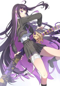 1girl absurdres bandages highres katana original pleated_skirt purple_eyes purple_hair school_uniform serafuku skirt socks stella_sora sword user_drgm5523 weapon