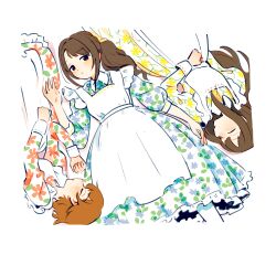 Rule 34 | 3girls, absurdres, apron, black eyes, blue dress, blush, border, brown hair, closed eyes, collared dress, commentary, dress, english commentary, floral print, half-closed eyes, hand on own stomach, hand up, highres, honda mio, idolmaster, idolmaster cinderella girls, iwashi iwashimo, long hair, long sleeves, looking at viewer, lying, multiple girls, on back, on side, open mouth, parted lips, ponytail, print dress, profile, red dress, shibuya rin, shimamura uzuki, short hair, side-by-side, simple background, sleeping, white apron, white background, white border, yellow dress