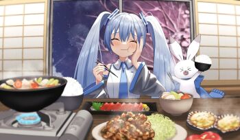 &gt;_&lt; 1girl apple apple_rabbit bare_shoulders bare_tree blue_hair blue_nails blue_necktie blue_scarf blurry blurry_foreground blush bowl cabbage carrot_slice chopsticks closed_eyes commentary detached_sleeves eating facing_viewer fire fish_(food) food food_art food_focus fried_squid fruit full_mouth glass_door grey_sleeves hair_ornament hand_on_own_cheek hand_on_own_face hatsune_miku highres holding holding_bowl holding_chopsticks hotpot indoors light_blue_hair long_hair macha_3939 meal nail_polish necktie night plate portable_stove rabbit_yukine rice rice_bowl sashimi scallop scarf shirt shiso_(plant) shouji sleeveless sleeveless_shirt sliding_doors smile snow star-shaped_food star_(symbol) sushi tree tuna twintails v-shaped_eyebrows very_long_hair vocaloid white_shirt yuki_miku yuki_miku_(2010)