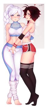 2girls :d absurdres ass bare_shoulders barefoot black_hair black_legwear blue_eyes bluefield blush braid braided_ponytail breasts cameltoe fingering fingering_through_clothes gluteal_fold groin highres loose_socks midriff multiple_girls navel open_mouth ponytail ruby_rose rwby scar scar_across_eye scar_on_face short_hair shorts smile socks sweat thighhighs through_clothes tiptoes weiss_schnee white_hair white_legwear wristband yuri