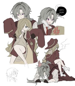 1boy 1girl aged_down anger_vein blue_eyes brown_hair cigar coat forehead_writing grey_hair hat head_bump highres korean_text lifting_person limbus_company lucio_(project_moon) mamjjan multiple_head_bumps multiple_views oversized_clothes project_moon purple_eyes red_coat red_hat sitting sitting_on_person slapping sleeves_past_fingers sleeves_past_wrists smoke smoking socks sweatdrop tic-tac-toe translated valencina_(project_moon)