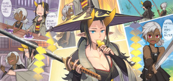 2girls black_gloves black_hair blue_eyes breasts brown_gloves cleavage closed_mouth collarbone commentary_request dark-skinned_female dark_skin drooling fingerless_gloves fishing gloves grey_hair highres holding holding_spoon holding_sword holding_weapon horns large_breasts looking_at_another looking_at_viewer low_ponytail mole mole_under_eye mouth_drool multiple_girls nagi_itsuki open_mouth original pixiv_fantasia pixiv_fantasia_age_of_starlight plate pointy_ears ponytail red_eyes romaji_text sleeping small_breasts smile speech_bubble spoon sword translation_request very_dark_skin weapon yellow_horns
