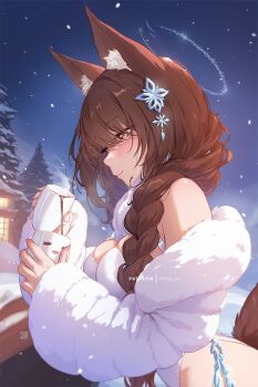 1girl animal_ear_fluff animal_ears artist_name blush bra braid braided_ponytail brown_hair coat fingernails fox_ears fox_tail fur-trimmed_coat fur_collar fur_trim hair_ornament hair_over_eyes hair_over_shoulder halo highleg highleg_leotard hot_chocolate leotard long_fingernails mitsu_(mitsu_art) off-shoulder_jacket off_shoulder original outdoors pine_tree skindentation snow snowflake_hair_ornament snowflakes solo steam tail tree underwear white_bra white_coat white_leotard yellow_eyes