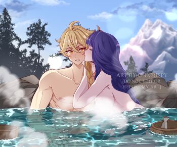 1boy 1girl abs aether_(genshin_impact) ahoge alternate_universe artist_name bare_pectorals bare_shoulders blonde_hair blue_sky blunt_bangs blur_censor blurry blurry_background blush braid breasts ccrispy censored closed_eyes cloud cloudy_sky collarbone commentary commission convenient_censoring couple curly_hair english_commentary eyeliner floating friends from_side genshin_impact hair_between_eyes hair_ornament hair_over_shoulder head_tilt hetero highres holding_another&#039;s_hair huge_ahoge huge_breasts imminent_kiss in_water kiss kissing_cheek large_pectorals leaning_forward leaning_on_person leaning_to_the_side light_particles long_braid looking_to_the_side makeup mature_male mountain muscular muscular_male nipples nose_blush orange_eyes outdoors parted_lips pectorals pink_lips purple_hair raiden_shogun red_eyeliner sauna shade single_braid sitting sky steam steam_censor tree upper_body water watermark