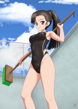 1girl absurdres acrux alternate_hairstyle black_eyes black_hair black_one-piece_swimsuit blue_sky breasts broom cloud cloudy_sky commentary day english_commentary feet_out_of_frame girls_und_panzer highres holding holding_broom long_hair medium_breasts nishi_kinuyo one-piece_swimsuit outdoors ponytail pool sky solo standing swimsuit