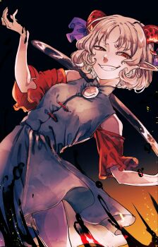 1girl arms_at_sides blob blue_dress blue_ribbon breasts commentary curly_hair dark_background detached_sleeves dress dutch_angle earrings grey_hair grin hands_up highres holding horizontal_pupils horn_ornament horn_ribbon horns jewelry jun_harukawa leaning_to_the_side outstretched_arms oversized_object pointy_ears red_eyes red_horns red_sleeves ribbon sheep_horns short_hair small_breasts smile solo touhou toutetsu_yuuma uneven_eyes